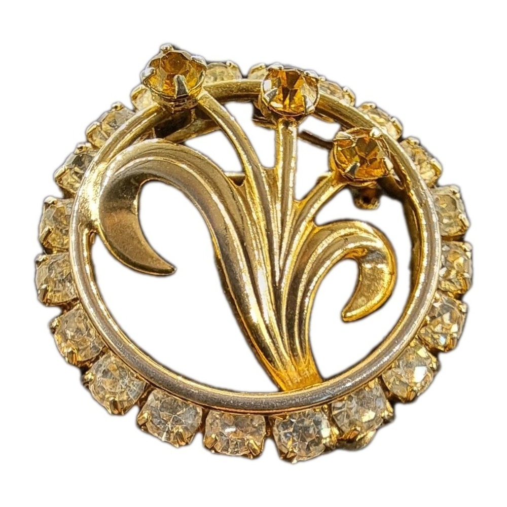 Crystal & Topaz Rhinestone Gold Tone Flower in Ring Vintage Brooch/Pin